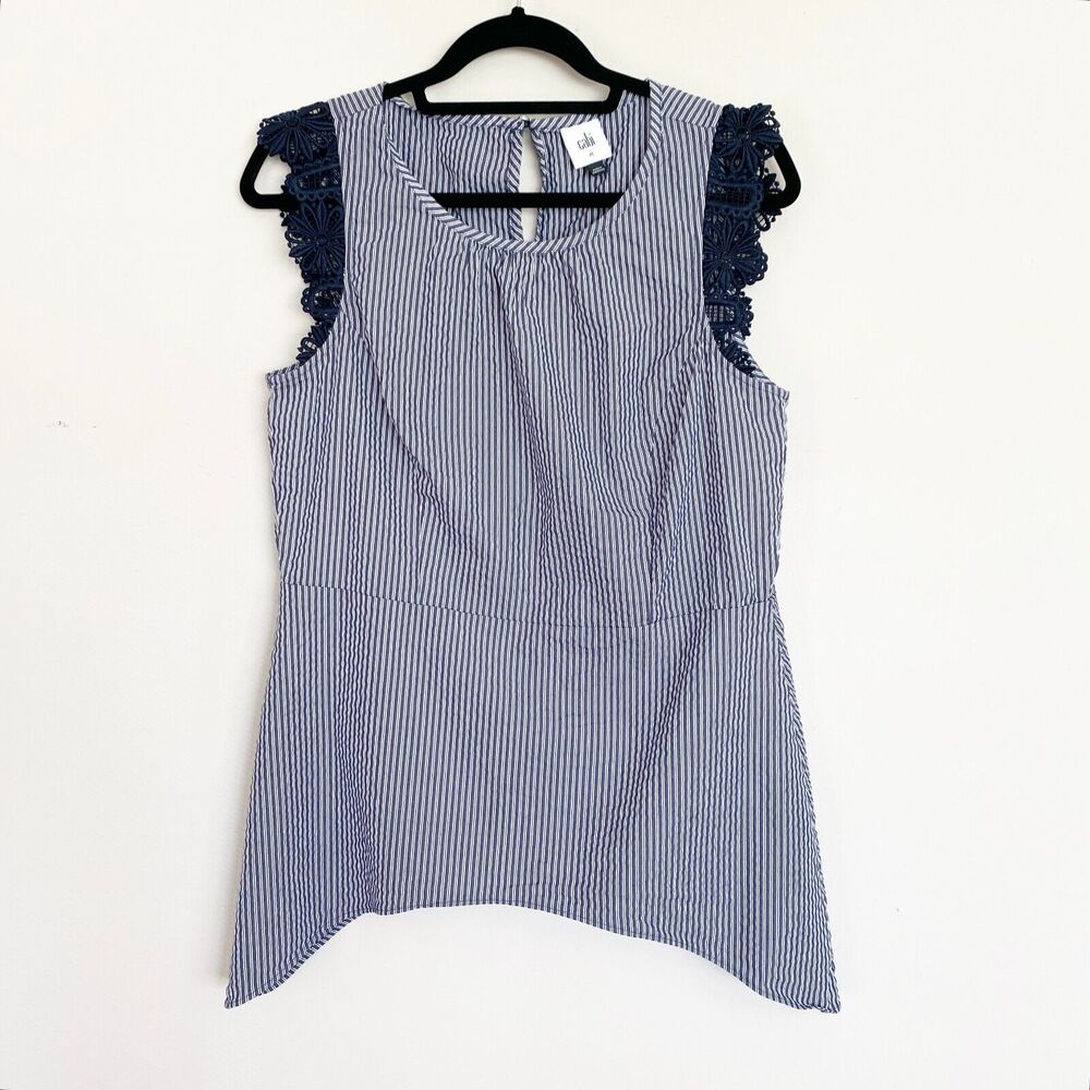 Cabi Blouse Top Women's Size M Navy Blue Striped Lace Ruffle Sleeve Cotton - Picture 3 of 8